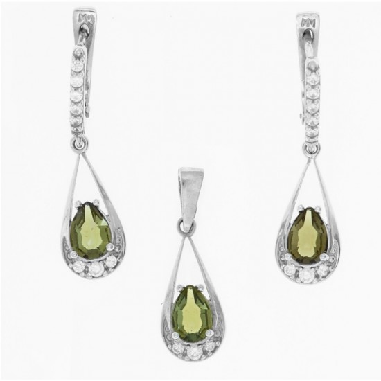 Set pandantiv si cercei din argint cu moldavite si zirconiu Set pandantiv si cercei din argint cu moldavite si zirconiu